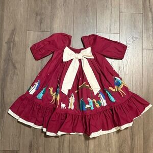 Handmade Girls Nativity Christmas Dress Burgundy Boutique Bow Ruffle Size 8-10